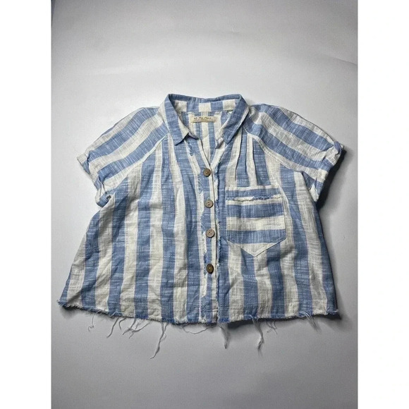 Free People Womens Away At Sea Blue Striped Button-Down Top Shirt Size Large - Picture 4 of 11